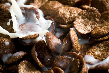 Chocolate cereals with pouring milk and splash