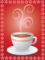 Card with hot cup of coffee in flowers frame