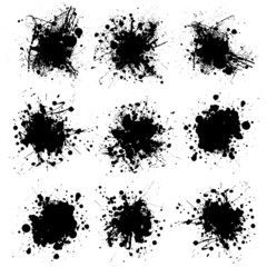 Nine ink splat designs in black and white