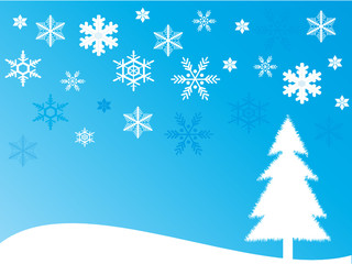 Christmas tree and snowflakes on light blue background