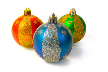 Three multi-coloured fur-tree spheres with spangles