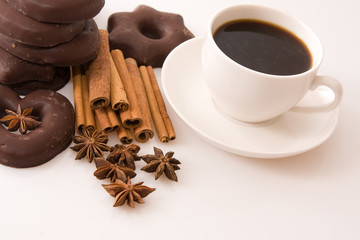 aromatic cup of coffee, gingerbread and flavourings