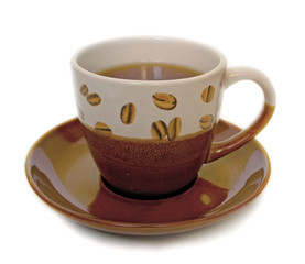 Cup with hot drink on a white background. Isolation