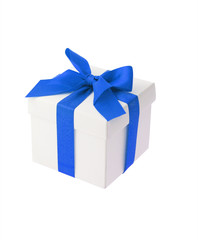 White gift box with blue bow ribbon on white background
