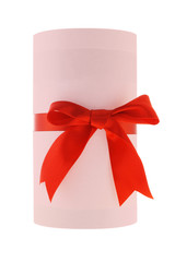 Blank cylindrical shape gift box and red bow ribbon