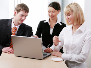 Fototapeta premium : Portrait of businesspeople looking at the monitor of laptop
