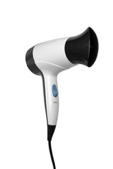 The white hair drier is isolated on a white background