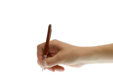 Pen in hand on a white background