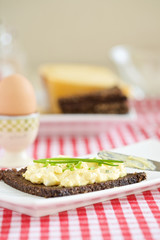 Egg-salad on whole wheat rye toast on the breakfast table