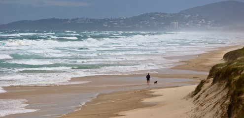 Man and dog running on stormy beach