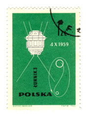 Old polish stamp with a satelite