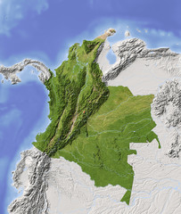 Colombia. Shaded relief map, colored for vegetation.