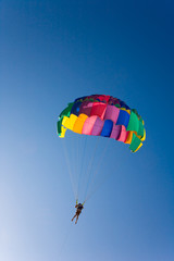 Man is parasailing in the blue sky