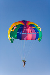 Man is parasailing in the blue sky