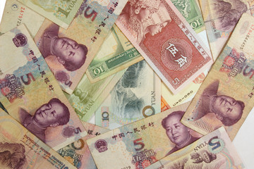 Various chinese banknotes spread randomly