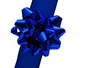 Blue ribbon white background with bow making a present