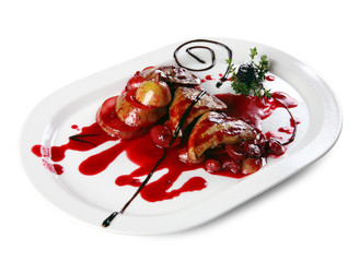 foie gras with fruit pear on white background