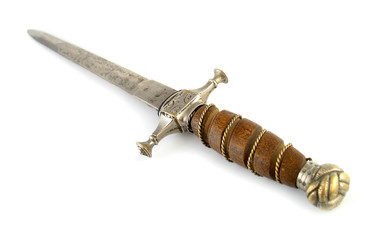 Sword short vintage with wooden handle on white