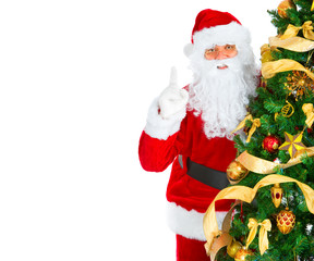 Smiling Santa and Christmas Tree. Over white background.