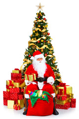 Smiling Santa and Christmas Tree. Over white background.