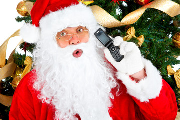 Santa, cellular, christmas tree. Over white background.