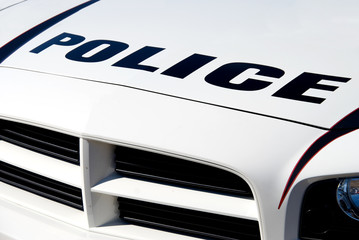 The front end of a police car.