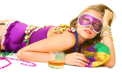 young and beautiful caucasian in colorful mardi gras