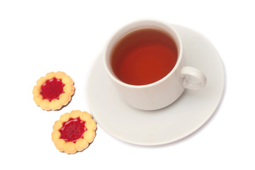 Cup of tea and cookies isolated on white.