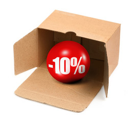 sale concept - open cardboard box and 3D sale ball