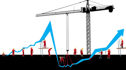 Financial crisis and recover graph with construction workers