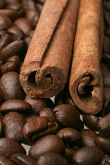 Spice coffee. Coffee beans and cinnamon sticks.