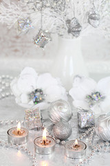 Christmas ornaments in silvere and white tone