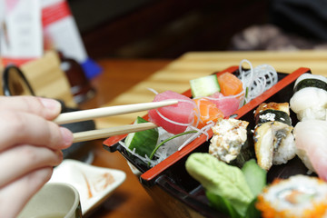 The slice of a row fish in restaurant