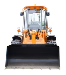 new yellow digger, front view, isolated on white