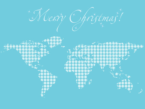 Blue christmas wallpaper with world map filled with snowflakes