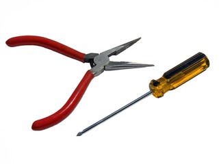 Screwdriver and tongs on a white background