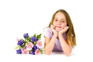 Girl with a bunch of flowers in pink and purple