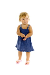 Beautiful Blonde baby using dress on white .