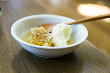 breakfast setting with butter and honey