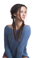 The beautiful girl in a dark blue sweater