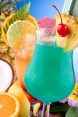 Closeup of Mai Tai and Blue Hawaiian cocktails