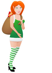 Elfe en robe verte et sa livraison de cadeaux (détouré)