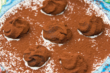 Small Tartufoes chocolate in an elegant dish.