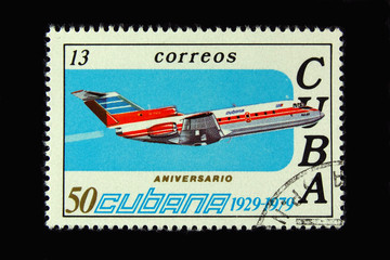 Old  Cuban postage stamp with airplane