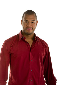 A confident athletic black man in a red shirt