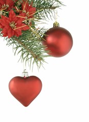 red ornaments hunging on Christmas tree bunch