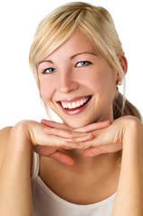 Young blonde woman with blue eyes close up