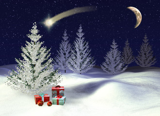 verschneite Tannen mit Weihnachtsgeschenken