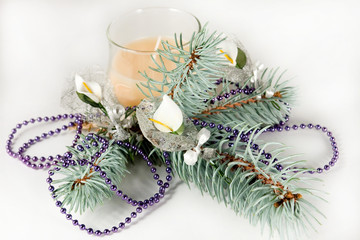 Christmas tree ornaments on Christmas tree, closeup.