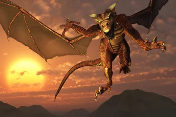 Crédence de cuisine en verre imprimé Dragons Rendu 3D d& 39 un dragon volant au coucher du soleil.